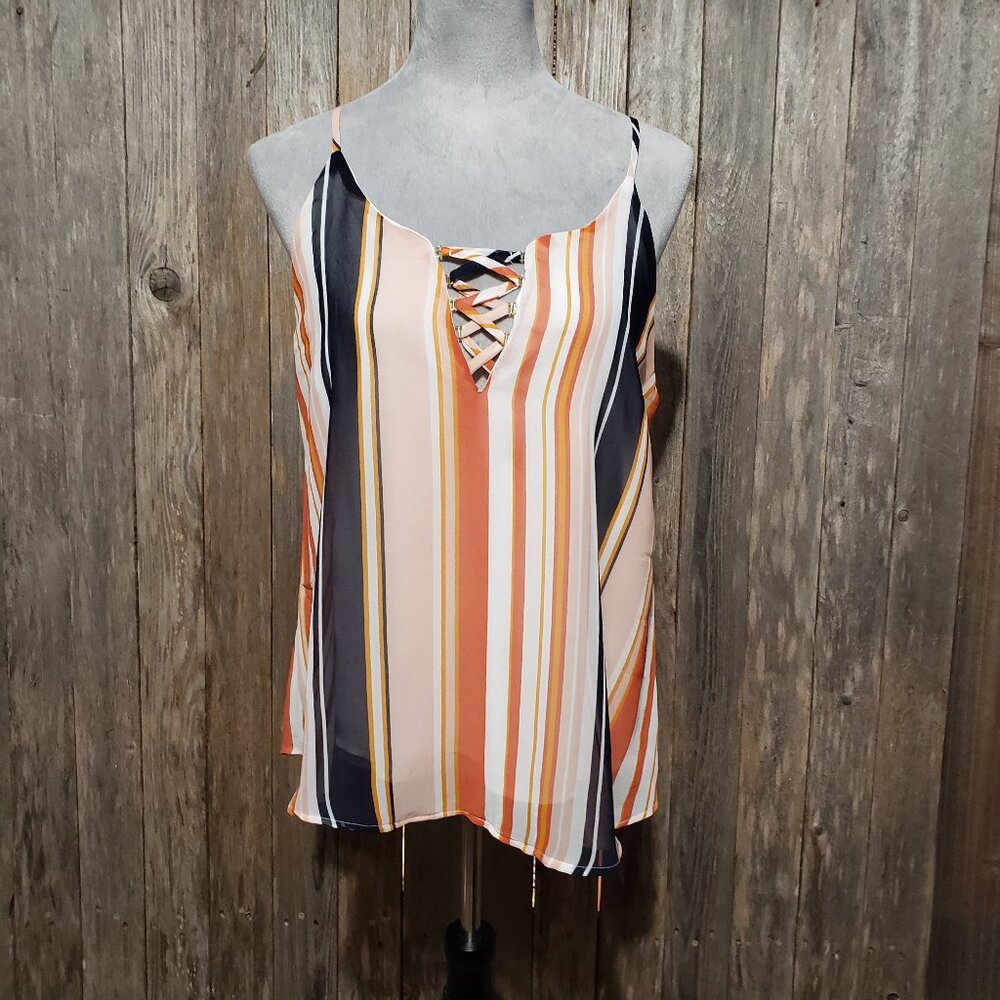 Naif‎ M Tank Top Cami Top Lace Up Flowy Orange Blue Striped Women's Sleeveless